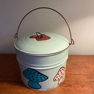 Vintage Mushrooms Tin Hand-Painted Lunch Pail with Handle 1960s